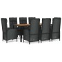 Set de comedor de jardín 9 pzas y cojines ratán sintético negro