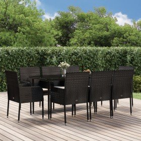 Set de comedor de jardín 9 pzas y cojines ratán sintético negro