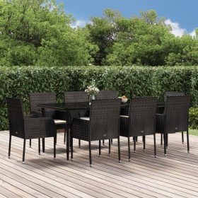 Set de comedor de jardín 9 pzas y cojines ratán sintético negro