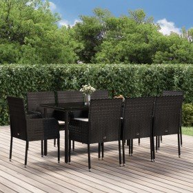 Set de comedor de jardín 9 pzas y cojines ratán sintético negro
