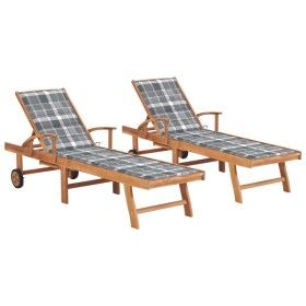Sun loungers 2 pcs solid teak wood with gray checkered cushion by vidaXL, Loungers - Ref: Foro24-3073200, Price: 545,07 €, Di...