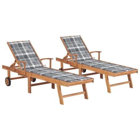 Sonnenliegen 2 Stück aus massivem Teakholz mit grau kariertem Kissen von vidaXL, Liegen - Ref: Foro24-3073200, Preis: 545,07 ...