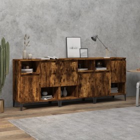 Aparadores 3 uds madera contrachapada roble ahumado 60x35x70 cm