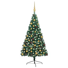 Medio árbol de Navidad con luces y bolas verde 210 cm
