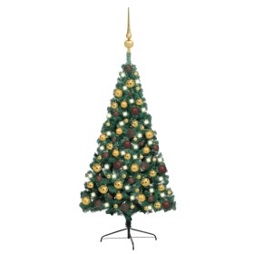 Medio árbol de Navidad con luces y bolas verde 150 cm