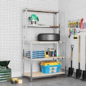 Mesa de trabajo con estantes 5 niveles madera y acero plata by vidaXL, Industrial shelving - Ref: Foro24-152875, Price: 77,23...