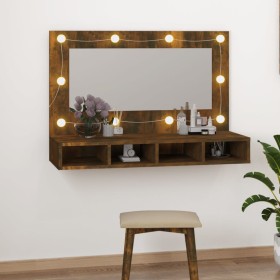 Mueble con espejo y LED color roble ahumado 90x31,5x62 cm