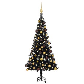 Árbol de Navidad preiluminado con luces y bolas negro 120 cm