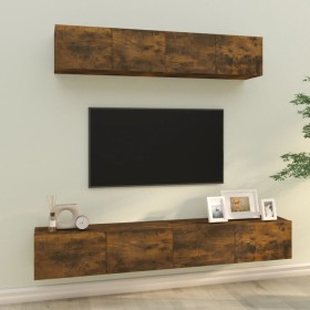 Set de muebles de TV 4 pzas madera contrachapada roble ahumado