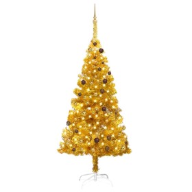 Árbol de Navidad preiluminado con luces y bolas dorado 210 cm