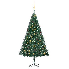 Árbol de Navidad preiluminado con luces y bolas verde 210 cm