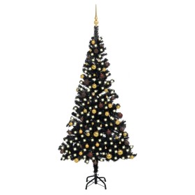 Árbol de Navidad artificial con LED y bolas PVC negro 210 cm