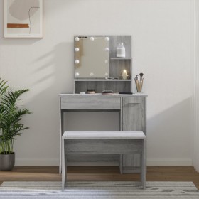 Juego de tocador con LED madera contrachapada gris Sonoma