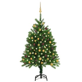 Árbol de Navidad preiluminado con luces y bolas verde 120 cm
