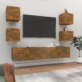 Set de muebles de TV 6 pzas madera contrachapada roble ahumado