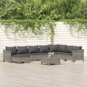 Set de muebles de jardín 9 pzas y cojines ratán sintético gris