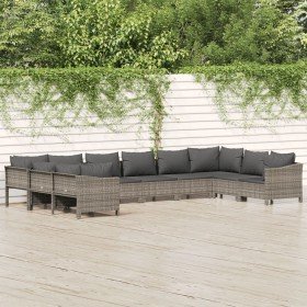Set de muebles de jardín 10 pzas y cojines ratán sintético gris