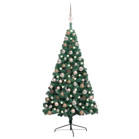 Medio árbol de Navidad con luces y bolas verde 120 cm