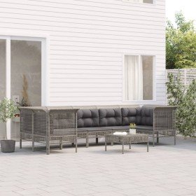 Set de muebles de jardín 8 pzas y cojines ratán sintético gris Set de muebles de jardín 8 pzas y cojines ratán sintético gris