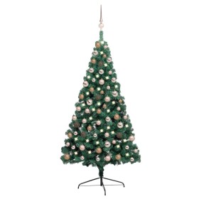 Medio árbol de Navidad con luces y bolas verde 150 cm