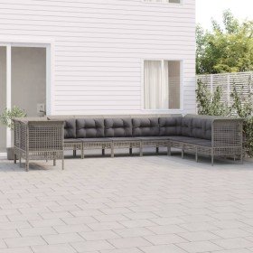 Set de muebles de jardín 10 pzas y cojines ratán sintético gris