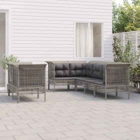 Set de muebles de jardín 7 pzas y cojines ratán sintético gris
