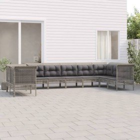 Set de muebles de jardín 9 pzas y cojines ratán sintético gris