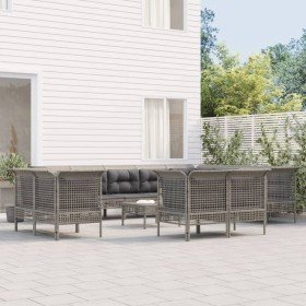 Set de muebles de jardín 13 pzas y cojines ratán sintético gris
