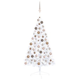 Medio árbol de Navidad con luces y bolas blanco 120 cm