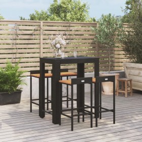 Mesa bar y taburetes jardín 5 pzas madera acacia ratán PE negro