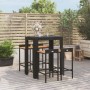 Mesa bar y taburetes jardín 5 pzas madera acacia ratán PE negro