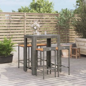Mesa bar y taburetes jardín 5 pzas madera acacia ratán PE gris
