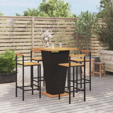 Mesa bar y taburetes jardín 5 pzas madera acacia ratán PE negro