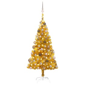 Árbol de Navidad preiluminado con luces y bolas dorado 120 cm