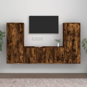 Set de muebles de TV 3 pzas madera contrachapada roble ahumado