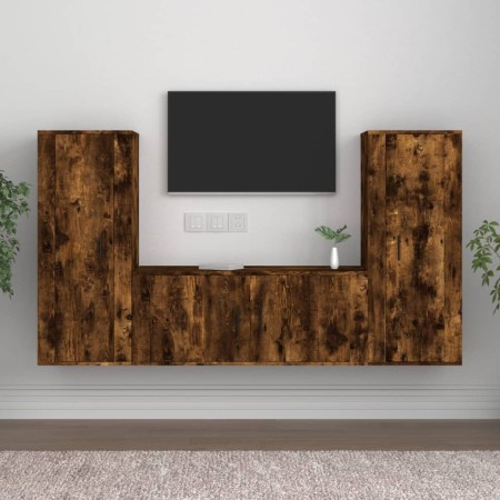 Set de muebles de TV 3 pzas madera contrachapada roble ahumado