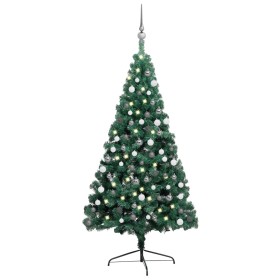 Medio árbol de Navidad con luces y bolas verde 120 cm