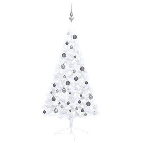 Medio árbol de Navidad con luces y bolas blanco 120 cm