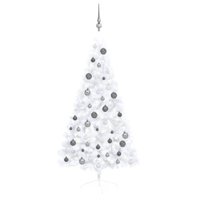 Medio árbol de Navidad con luces y bolas blanco 150 cm