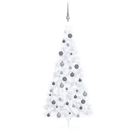 Medio árbol de Navidad con luces y bolas blanco 180 cm