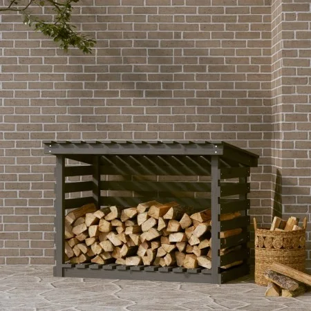 Leñero de madera maciza de pino gris 108x73x79 cm de vidaXL, Accesorios para bolsas y soportes de leña - Ref: Foro24-822229, ...