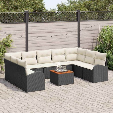 Conjunto de sofá de jardín con cojín 10 pcs Negro Poliratán