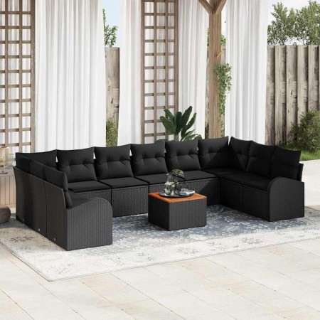 Conjunto de sofá de jardín con cojín 11 pcs Negro Poliratán