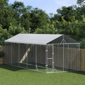 Perrera exterior con techo acero galvanizado plata 3x7,5x2,5 m