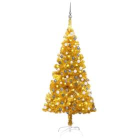 Árbol de Navidad preiluminado con luces y bolas dorado 120 cm
