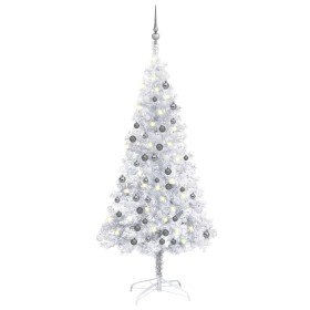 Árbol de Navidad preiluminado con luces y bolas plateado 120 cm