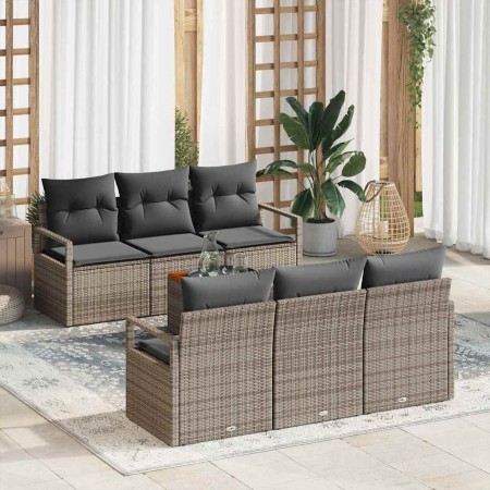 Conjunto de sofá de jardín con cojín 7 pcs Gris Poliratán