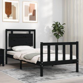 Estructura de cama individual con cabecero madera maciza negro Estructura de cama individual con cabecero madera maciza negro