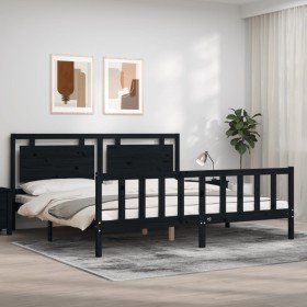 Estructura de cama con cabecero madera maciza negro 200x200 cm Estructura de cama con cabecero madera maciza negro 200x200 cm