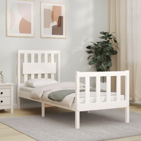 Estructura de cama individual con cabecero madera maciza blanco